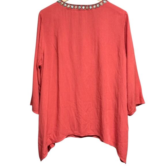Soft Surroundings Paulina Gauze Pullover Tunic Top Coral Embellished Size Large - Picture 4 of 10